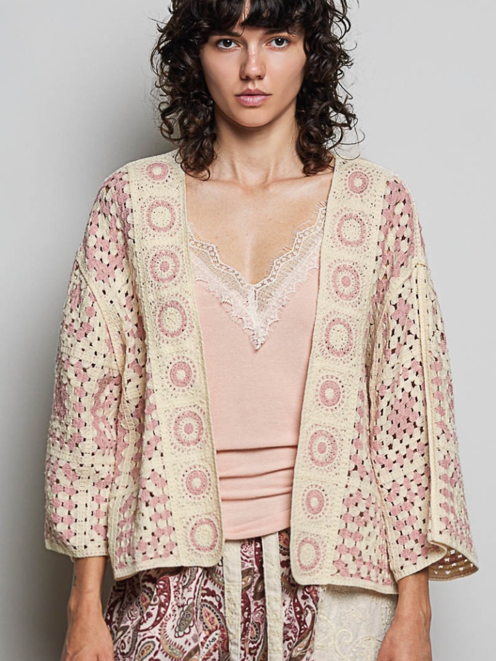 "The Isabella" Pink 3/4 Sleeve Crochet Granny Square Cardigan